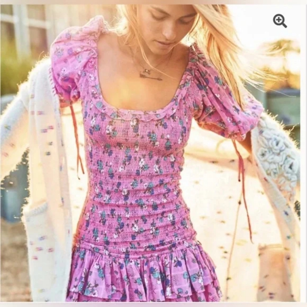 Loveshackfancy Violet Hollywood Pink Floral Smocked Dress with Ruffle Hem XS - Picture 3 of 17